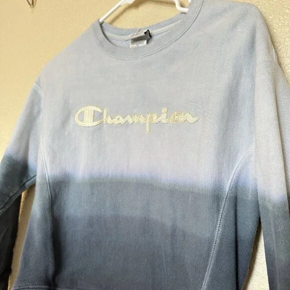 Champion Reverse Weave Blue Dip Dye Script Ombre Crewneck Pullover Sweatshirt Sm - Picture 2 of 5